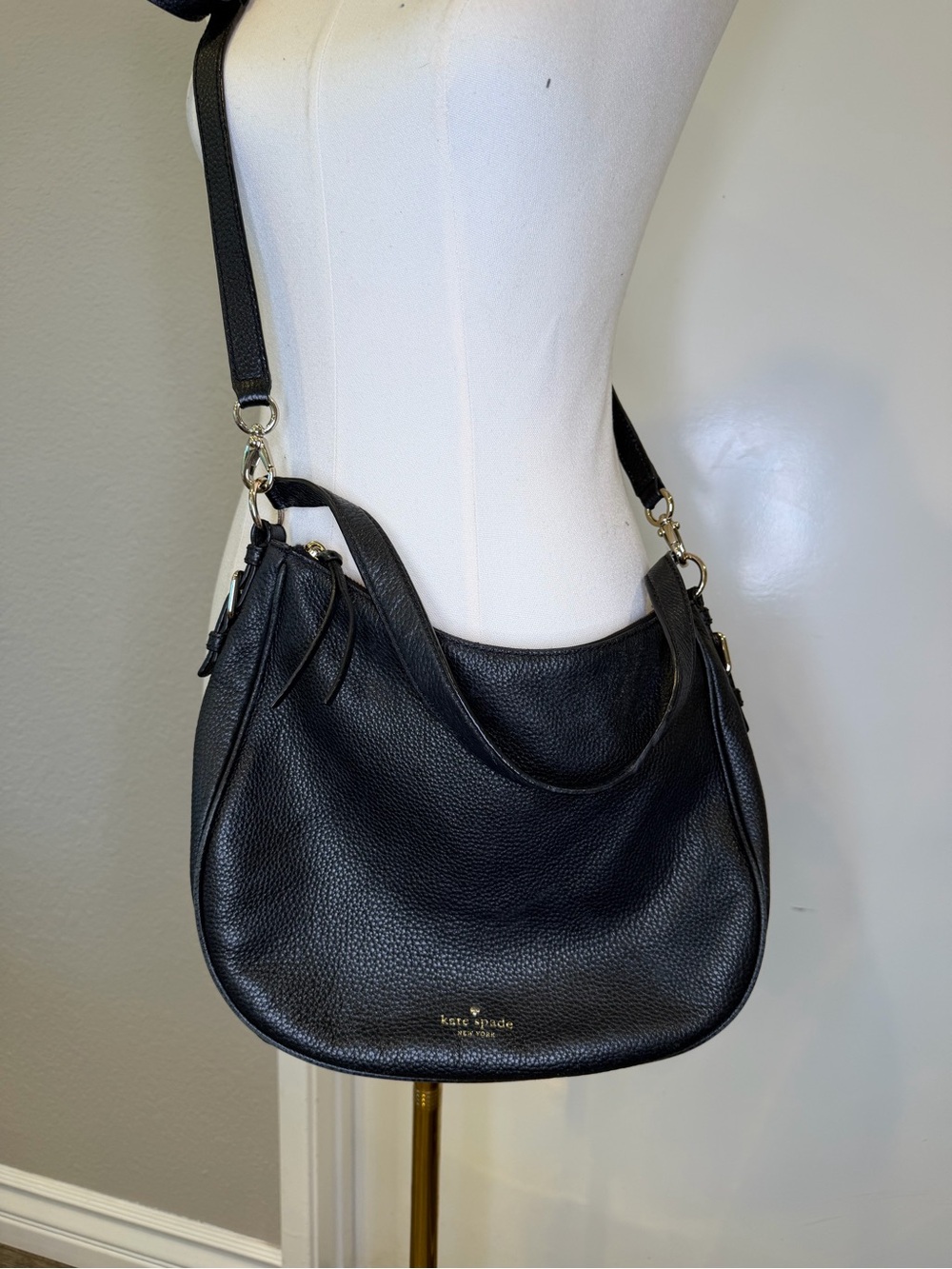 kate spade Black Pebbled Leather Crescent Shoulder Bag with Gold Hardware